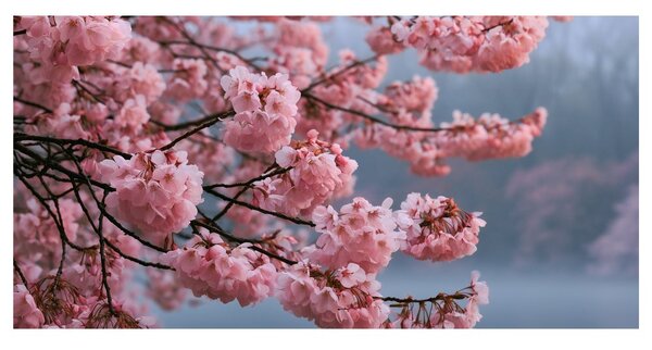Obraz rozkvitnutá sakura nad pokojnou vodou