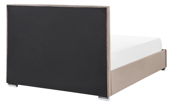 Posteľ s úložným priestorom sivobéžová zamatové čalúnenie 140 x 200 cm čalúnené čelo lamelový rošt moderný štýl spálňa