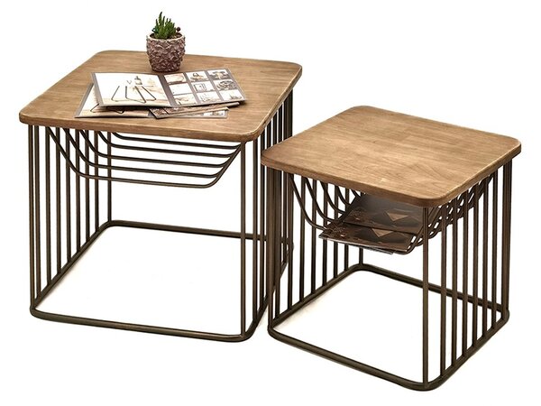 Granitový antik kovový odkladací stolík s drevenou doskou Sally - 53*53*44 / 42*42*38 cm - Clayre & Eef