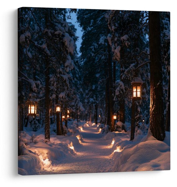 Obraz večerný lesný chodník s lampášmi