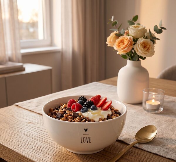 Biela porcelánová miska so srdiečkom Lovely Day - Ø 14*7 cm / 500 ml - Clayre & Eef