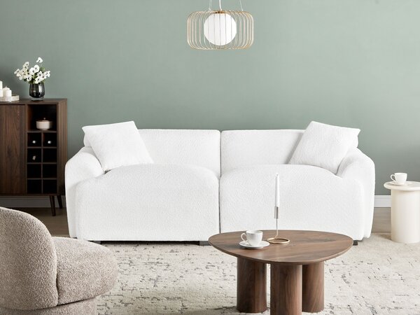 Pohovka krémová biela buklé čalúnenie 3-miestna s vankúšmi moderný minimalistický štýl obývacia izba