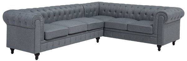 Ľavá rohová pohovka chesterfield sivá čalúnená nízke prešívané operadlo tmavé drevené nohy 6-miestna moderná