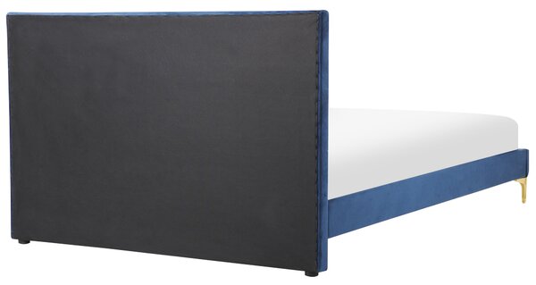 Rám postele 140 x 200 cm námornícka modrá zamatové čalúnenie s čelom zlaté nohy spálňa moderný glamour štýl