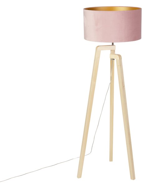 Stojatá lampa statívové drevo s ružovým zamatovým odtieňom 50 cm - Puros