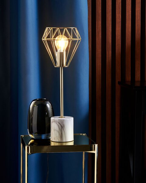 Stolná lampa biela mosadzná 49 cm kovové tienidlo tvar diamantu okrúhly stojan mramorový vzhľad obývačka spálňa