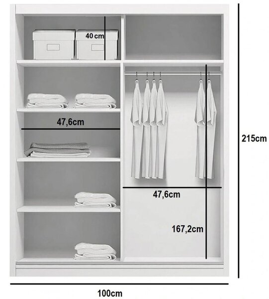 Priestranná zrkadlová šatníková skriňa 100/215 ENRIQUE - biela