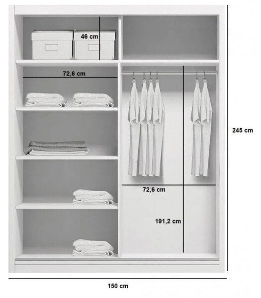 Šatníková skriňa so zrkadlom ANASTACIO, šírka 150 cm, výška 245 cm