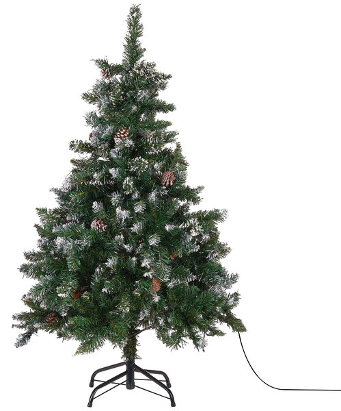 Umelý vianočný stromček zelený syntetický materiál 120 cm vetvy so snehom LED svetielka borovicové šišky Vianoce doplnky