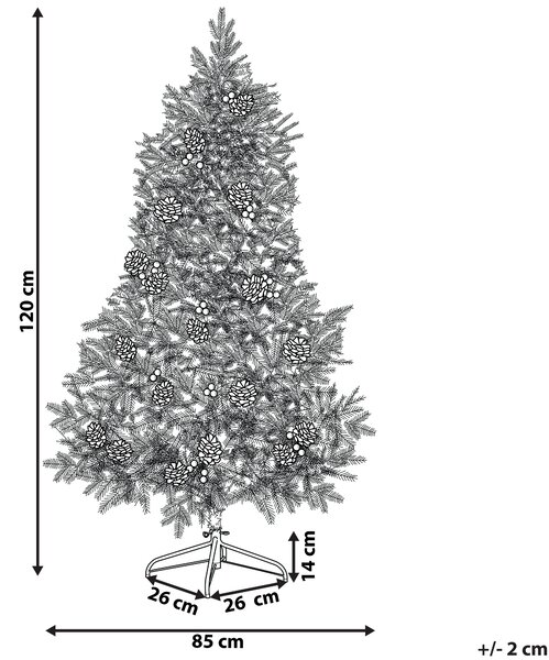 Umelý vianočný stromček zelený syntetický materiál 120 cm vetvy so snehom LED svetielka borovicové šišky Vianoce doplnky