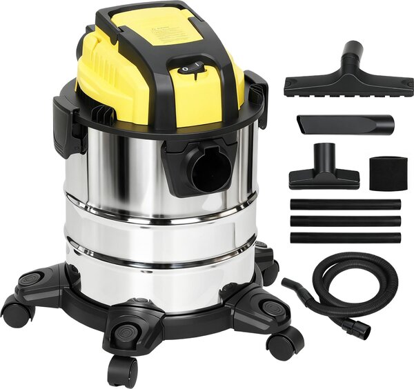 HOMCOM 3-v-1 mokro-suchý vysávač 1200 W s 20-litrovou nádobou z nehrdzavejúcej ocele