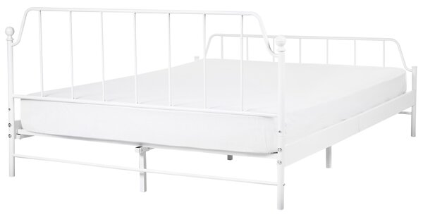 Posteľ biela kovová 160 x 200 cm posteľný rám drevený lamelový rošt z topoľového dreva industriálna minimalistická spálňa