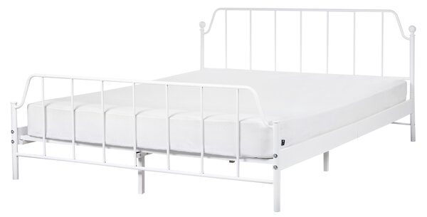 Posteľ biela kovová 160 x 200 cm posteľný rám drevený lamelový rošt z topoľového dreva industriálna minimalistická spálňa