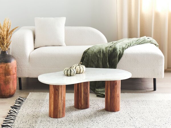 Konferenčný stolík biela mramorová stolová doska nohy z akáciového dreva 90 x 45 x 35 cm moderný minimalistický