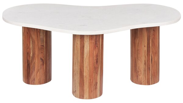 Konferenčný stolík biela mramorová stolová doska nohy z akáciového dreva 90 x 45 x 35 cm moderný minimalistický