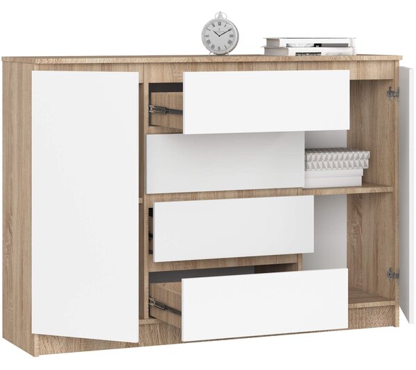 Ak furniture Komoda Kryštof 140 cm 2 skrinky a 4 zásuvky dub sonoma/biela
