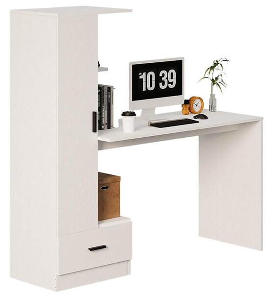 Počítačový Stôl S Regálom – 142 Cm, Biely, Moderný Loftový Do Kancelárie A Izby