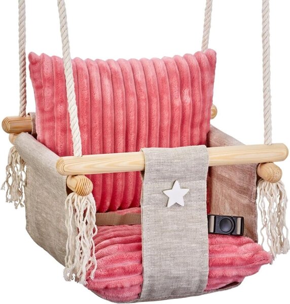 Love Gifts® Drevená detská hojdačka, vysokokvalitná a vhodná ako hojdačka do interiéru, možno ju namontovať na strop a do rámu dverí, ružová farba, vyrobené v EÚ