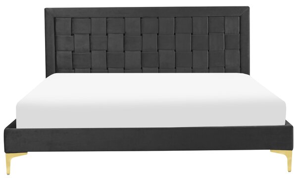 Rám postele 160 x 200 cm čierne zamatové čalúnenie s čelom zlaté nohy spálňa moderný glamour štýl