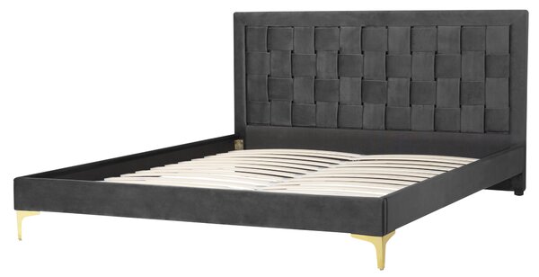 Rám postele 160 x 200 cm čierne zamatové čalúnenie s čelom zlaté nohy spálňa moderný glamour štýl