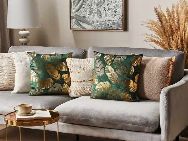 Sada 2 dekoratívnych vankúšov zelená zlatá zamat 45 x 45 cm rastlinný vzor listov štvorcový tvar glamour moderný štýl doplnky