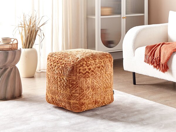 Taburet zlatohnedý polyester viskóza 50 x 50 x 50 cm výplň z EPS guľôčok hrubý poťah všívaný geometrický vzor boho štýl obývačka