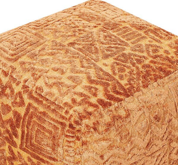 Taburet zlatohnedý polyester viskóza 50 x 50 x 50 cm výplň z EPS guľôčok hrubý poťah všívaný geometrický vzor boho štýl obývačka