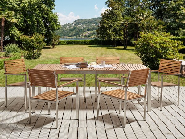 Záhradná jedálenská súprava certifikované teakové drevo kovový rám 6-miestna 200 x 90 cm lamelový dizajn moderný industriálny štýl