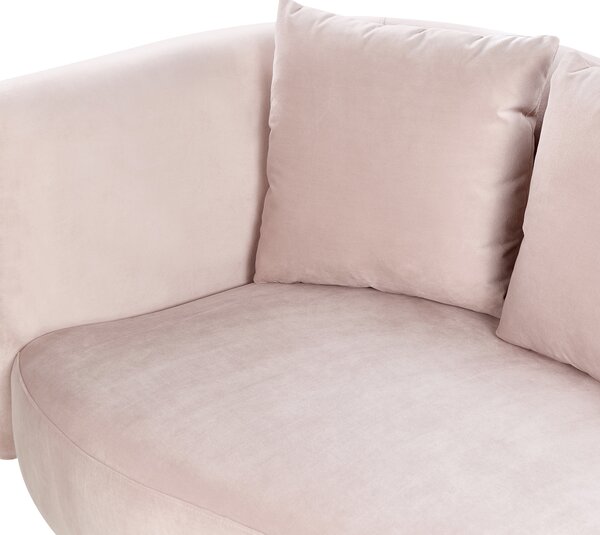 Leňoška svetloružová zamat polyester ľavostranná tmavé drevené nohy extra dekoratívne vankúše moderný dizajn obývacia izba