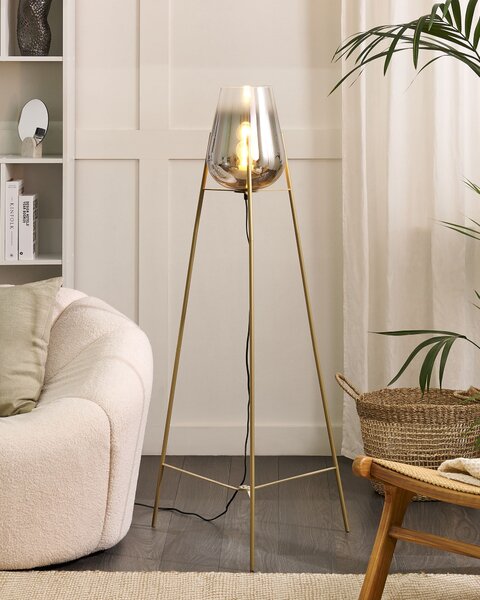 Stojaca lampa zlatá kovová oceľový podstavec sklenené tienidlo moderný glamour štýl obývačka spálňa