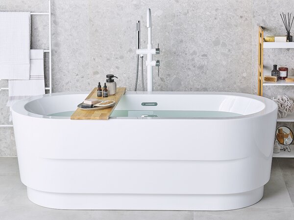 Voľne stojaca vaňa biela sanitárny akrylát 170 x 80 cm oválna pre jednu osobu moderný miminalistický dizajn