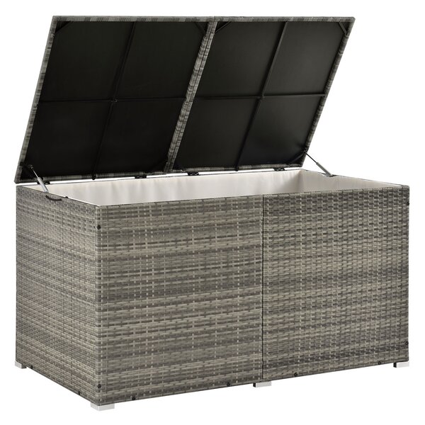 Polyratanový úložný box Ikaria 200202, záhradný box, 950 l, s vekom a vnútornou plachtou, na vankúše, sivý, 145 x 82,5 x 79,5 cm