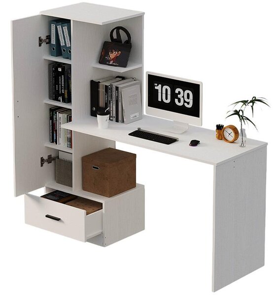 Počítačový Stôl S Regálom – 142 Cm, Biely, Moderný Loftový Do Kancelárie A Izby