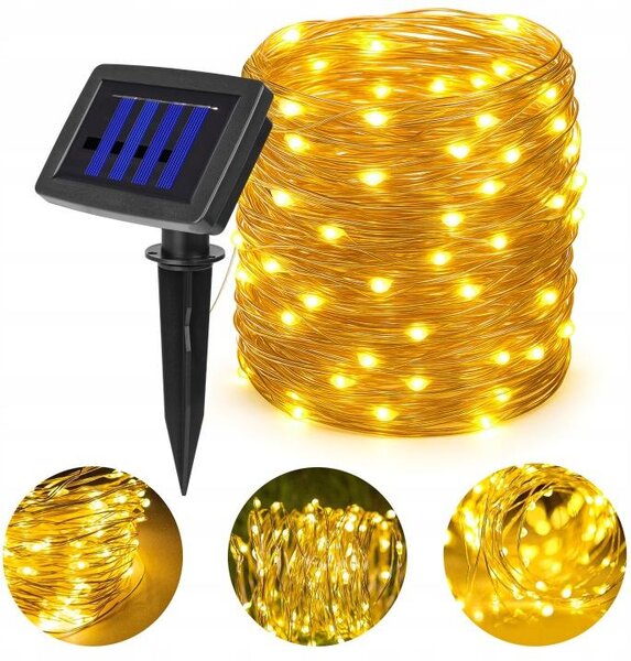MasterLED Solárna reťaz svetiel do exteriéru, 12 m, 100 LED, medený drôt, IP44, so senzorom súmraku, teplá biela 3000 K, záhradná dekorácia