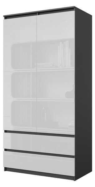 Šatníková Skriňa Antracit / Biely Lesk – Dvojdverová Skriňa do Spálne s 2 Zásuvkami, Šatníková Skriňa Š90 x V180 x H50 cm