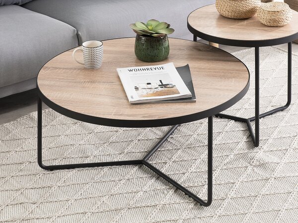 Konferenčný stolík svetlé drevo a čierna MDF 80 x 80 x 40 cm okrúhly kovový rám moderný priemyselný štýl