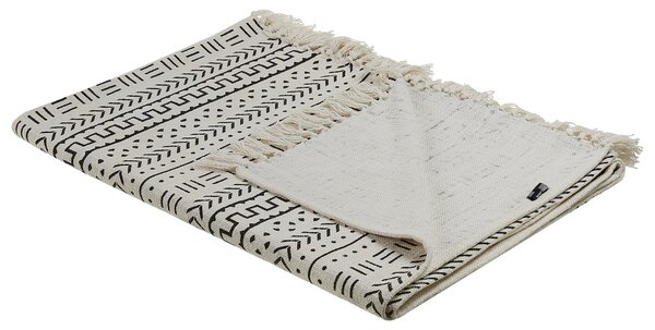 Prikrývka biela a čierna bavlnená 130 x 180 cm geometrický tribal vzor prírodný dizajn boho spálňa obývačka