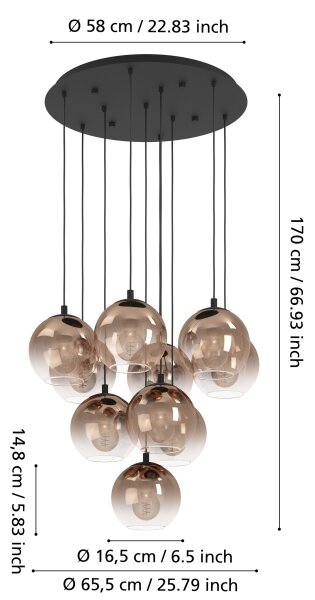 Eglo 901926 - Závesný luster na lanku ARISCANI 10xE27/60W/230V čierna/béžová/dymová