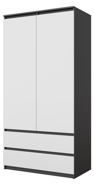 Šatníková Skriňa Antracit / Biela Mat – Dvojdverová Skriňa do Spálne s 2 Zásuvkami, Šatníková Skriňa Š90 x V180 x H50 cm