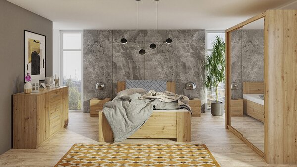 Spálňová zostava s posteľou 160x200 CORTLAND 2 - dub artisan / šedá ekokoža