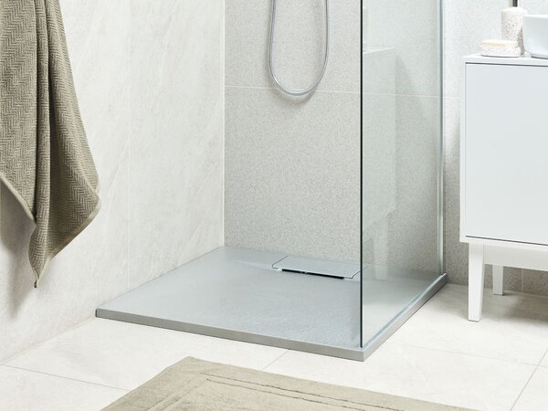 Sprchová vanička s odtokom sivá SMC 80 x 80 x 3 cm štvorcový tvar efekt prírodného kameňa minimalistický štýl kúpeľňa