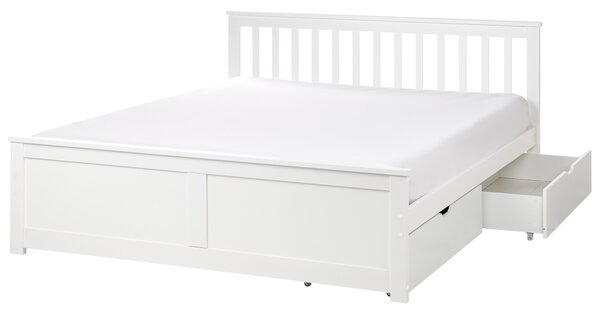 Posteľ biela borovicové drevo MDF 160 x 200 cm s čelom úložný priestor 2 zásuvky minimalistický škandinávsky štýl spálňa