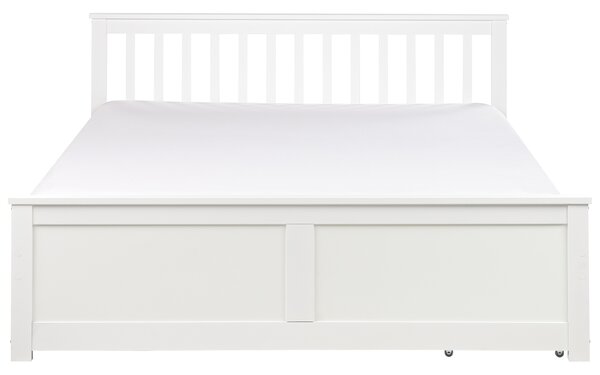 Posteľ biela borovicové drevo MDF 160 x 200 cm s čelom úložný priestor 2 zásuvky minimalistický škandinávsky štýl spálňa