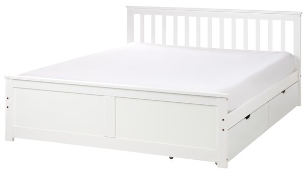 Posteľ biela borovicové drevo MDF 160 x 200 cm s čelom úložný priestor 2 zásuvky minimalistický škandinávsky štýl spálňa