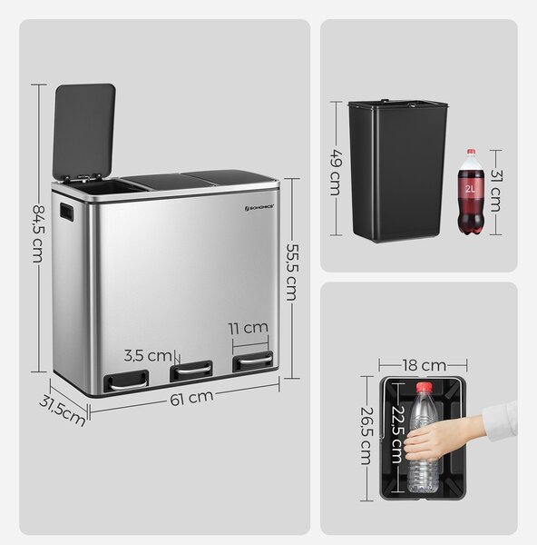 Kôš na separovanie odpadu SORT 54l (3x18 l), strieborná SongmicsHome