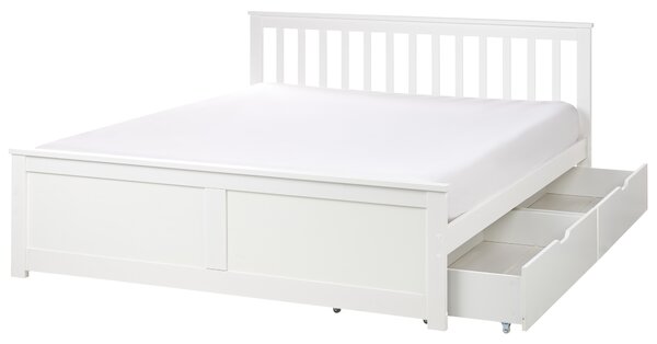 Posteľ biela borovicové drevo MDF 160 x 200 cm s čelom úložný priestor 2 zásuvky minimalistický škandinávsky štýl spálňa