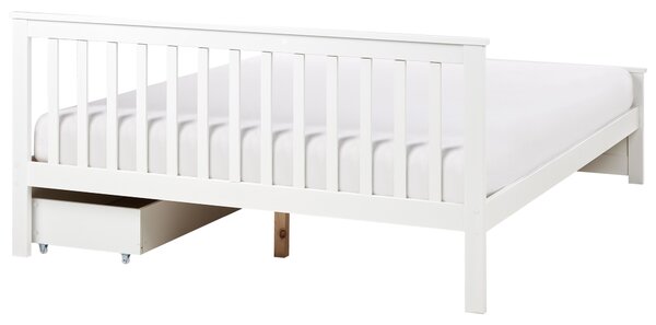 Posteľ biela borovicové drevo MDF 160 x 200 cm s čelom úložný priestor 2 zásuvky minimalistický škandinávsky štýl spálňa