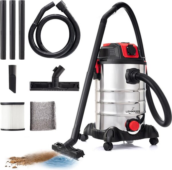 Mokro-suchý vysávač LEHMANN s 30 l kovovou nádobou, 1500 W, priemyselný vysávač so zásuvkou na spotrebič, funkcia fúkania, HEPA a penový filter, oklep filtra