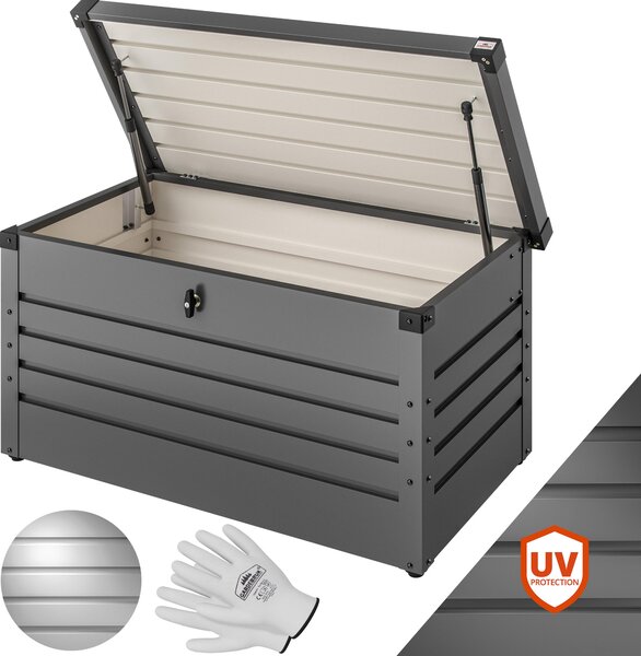 GARDEBRUK® Úložný box objem 385L vrátane rukavíc kovový uzamykateľný plynová tlaková pružina 120x62cm odolný voči poveternostným vplyvom záhradná balkónová pivnica záhradný box záhradná truhlica antracit