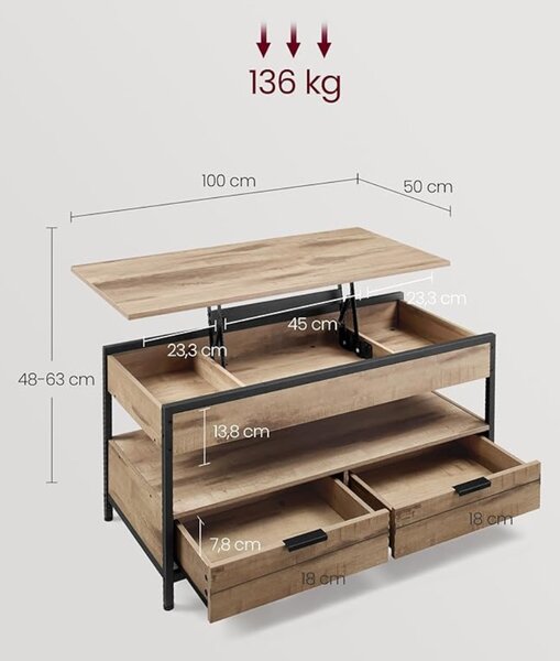 Výškovo nastaviteľný konferenčný stolík GASPAR, 50x100x(48-63)cm, čierna / camel hnedá Vasagle